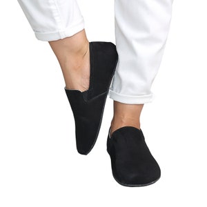 Women Barefoot BLACK SLIP-ON Leather Shoes, barefoot shoes, Wide Toe Box, yemeni, Handmade, feelground shoes, Zero Drop, Comfotable Shoes