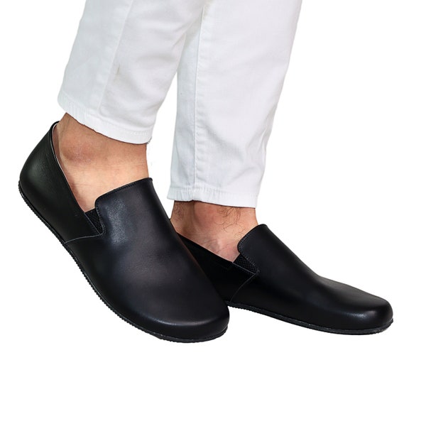 Men Barefoot BLACK SLIP-ON Smooth Leather Shoes, barefoot shoes, Wide Toe Box, Handmade, feelground shoes, Zero Drop, Comfotable Shoes