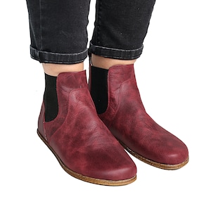 Frauen Barfuß BURGUND CHELSEA Boot Crazy, Frauen Barfußstiefel, Flexible Breite Spitze, Handgefertigte Stiefel, Stiefel für den Winter, minimalist chelsea