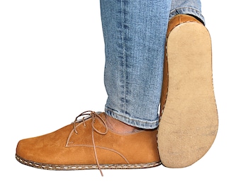 Men Zero Drop Oxford Barefoot TAN NUBUCK Leather Handmade Shoes, Natural, Colorful, Oxford Buffalo Leather Outsole, Comfortable Shoes