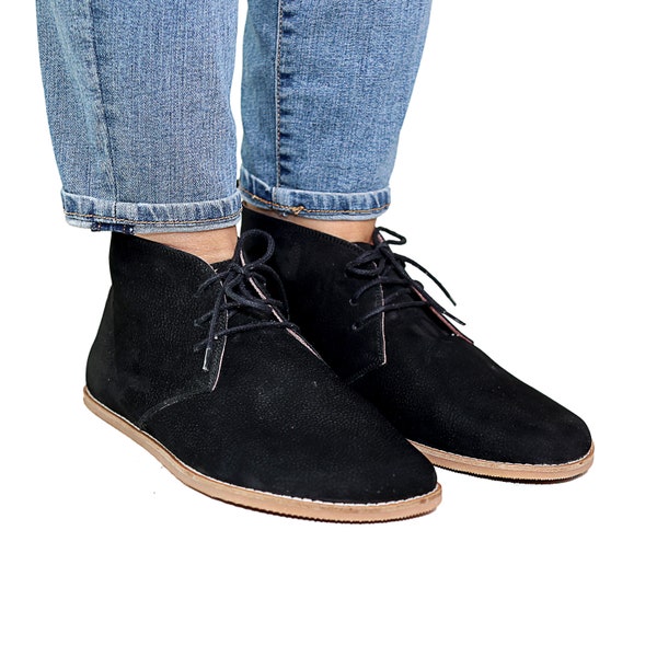 Femmes pieds nus BLACK ANKLE BOOT Nubuck Femmes Demi-bottes, Cuir pieds nus, Naturel, Demi-bottes d’hiver, Semelle intérieure en cuir, Semelle extérieure Eva