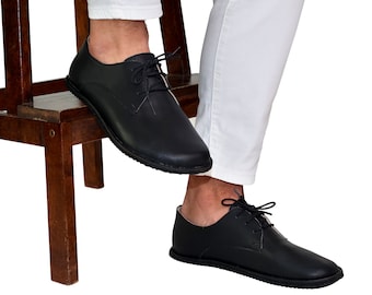 Men Barefoot Oxford BLACK SMOOTH Leather Handmade Shoes, Men Barefoot, Comfortable Oxford, Slip-On, Rubber Outsole, EVA Outsole, Colorful