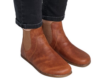 Donne Barefoot TAN CHELSEA Boot Tan Crazy, Stivali da donna a piedi nudi, Punta larga flessibile, Stivali fatti a mano, Stivale per l'inverno, chelsea minimalista