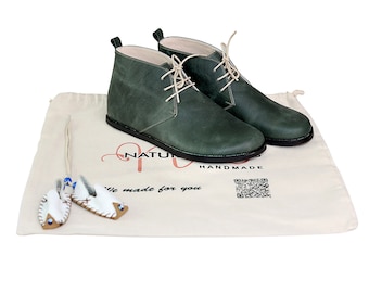 Men Barefoot GREEN ANKLE BOOT Crazy Men Half Boots, Barefoot Leather, Natural, Winter Half Boots, Leather Insole, Eva Outsole