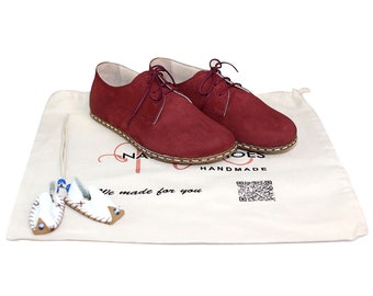 Men Zero Drop Oxford Barefoot BURGUNDY NUBUCK Leather Handmade Shoes, Natural, Colorful, Oxford Buffalo Leather Outsole, Comfortable Shoes