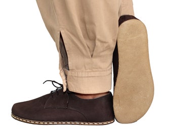 Men Zero Drop Oxford Barefoot BROWN NUBUCK Leather Handmade Shoes, Natural, Colorful, Oxford Buffalo Leather Outsole, Comfortable Shoes