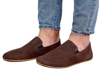 Men Barefoot BROWN SLIP-ON Nubuck Leather Shoes, barefoot shoes, Wide Toe Box, yemeni Handmade, feelground shoes, Zero Drop, Comfotable Shoe