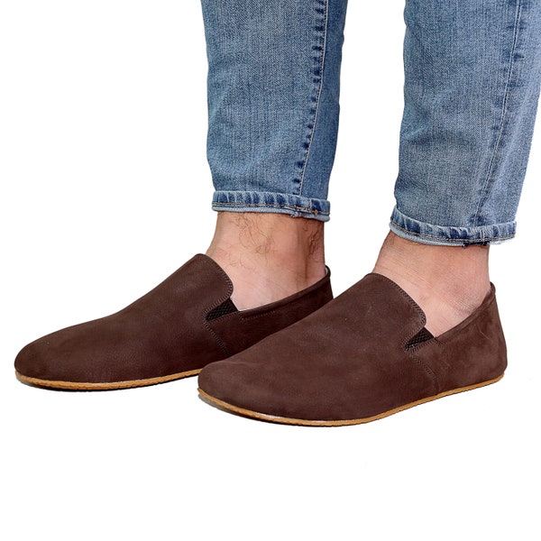 Chaussures sans lacets en cuir nubuck marron pour hommes, chaussures pieds nus, boîte à bouts larges, yéménites faites à la main, chaussures feelground, Zero Drop, chaussure confortable