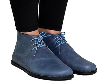 Women Barefoot BLUE ANKLE BOOT Crazy Women Half Boots, Barefoot Leather, Natural, Winter Half Boots, Leather Insole, Eva Outsole