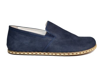 Women Barefoot Navy Blue SLIP-ON Nubuck Leather Shoes, Handmade Stıtches, barefoot shoes, Wide Toe Box, feelground shoes, Comfotable Shoes