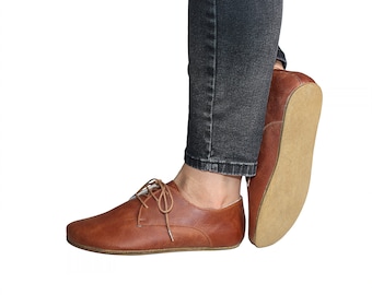 Dames Barefoot TAN OXFORD lederen schoenen, 5mm lederen buitenzool, blote voeten schoenen, Wide Toe Box, feelground schoenen, Zero Drop, Comfotable schoenen