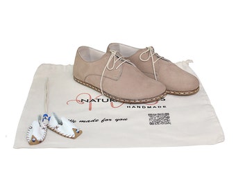 Men Zero Drop Oxford Barefoot CREAM NUBUCK Leather Handmade Shoes, Natural, Colorful, Oxford Buffalo Leather Outsole, Comfortable Shoes