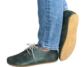 Frauen Barfuß GREEN OXFORD Leder Schuhe, 5mm Leder Laufsohle, Barfuß Schuhe, Breite Toe Box, Feelground Schuhe, Zero Drop, Comfotable Schuhe