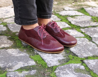 Women Barefoot BURGUNDY OXFORD, Women Moccasın, Zero Drop, Groundımg Shoes, Colorful Shoes, Organıc Shoes, All Leather, Lace Up Oxford