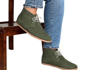Men Barefoot GREEN ANKLE BOOT Nubuck Men Half Boots, Barefoot Leather, Natural, Winter Half Boots, Leather Insole, Eva Outsole