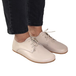 WOMEN Zero Drop Oxford CREAM SMOOTH Leather, Barefoot Handmade Shoes, Natural, Comfortable, Slip-On 5mm Rubber Outsole, Feelground shoes