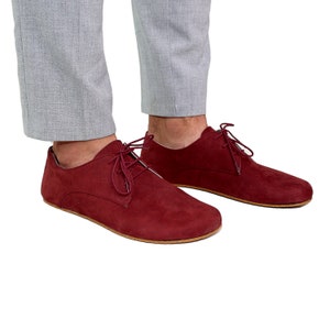 MEN Zero Drop Oxford Barefoot BURGUNDY NUBUCK Leather Handmade Shoes, Comfortable, Slip-On 5mm Rubber Outsole, Colorful