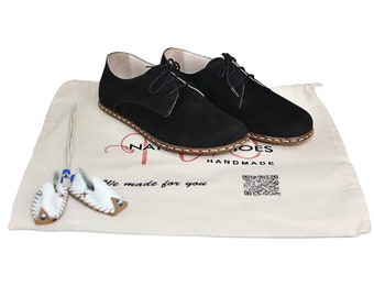 Men Zero Drop Oxford Barefoot BLACK NUBUCK Leather Handmade Shoes, Natural, Colorful, Oxford Buffalo Leather Outsole, Comfortable Shoes