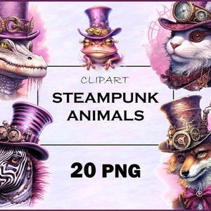 Op de afbeelding: Een set van 20 digitale clipart-afbeeldingen met steampunk-dieren die hoeden dragen. De dieren omvatten een kikker, een zebra, een vos en een alligator. De hoeden zijn versierd met tandwielen, brillen en andere steampunk-elementen. De afbeeldingen zijn in PNG-formaat.
