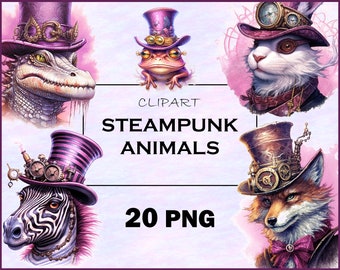 Steampunk Animals Clipart, Aquarelle Steampunk PNG, Colorful Gothic Fantasy Clip Art, Téléchargement instantané, Papier numérique, Imprimable