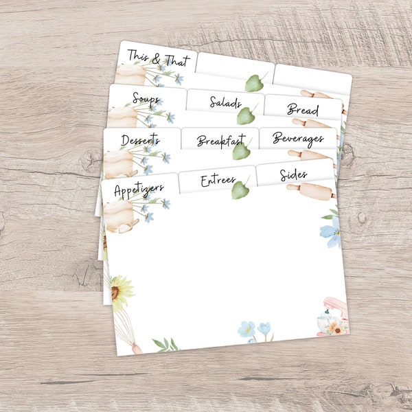 Recipe tab dividers, 4 x 6 recipe card dividers, Printable recipe dividers, Baking recipe cards 4 x 6, Tabbed dividers for recipe card,