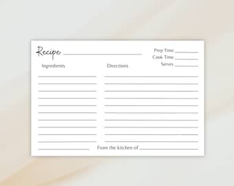 May include: A blank recipe card with lines for ingredients, directions, prep time, cook time, and serves. It also has a space at the bottom for "From the kitchen of".