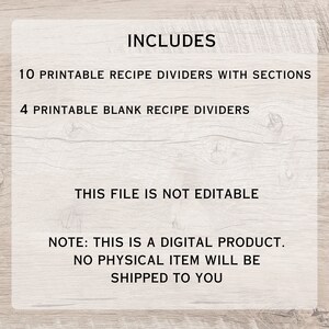 Op de afbeelding: Afbeelding van een digitaal product met tekst: "INCLUDES" en details voor receptverdelers. Bevat 10 afdrukbare receptverdelers met secties en 4 afdrukbare blanco receptverdelers. Het bestand is niet bewerkbaar en is een digitaal product.