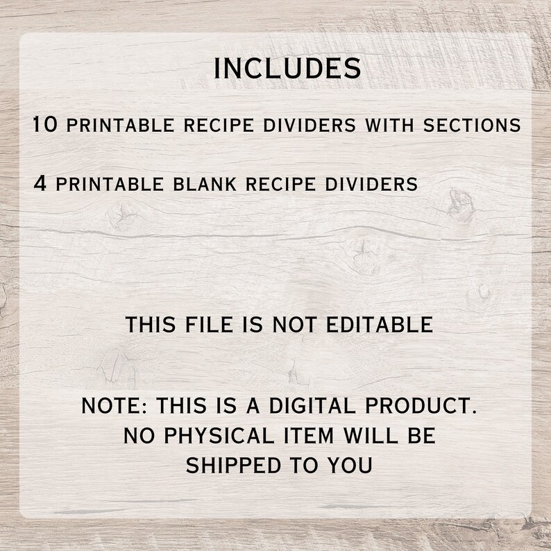 Op de afbeelding: Afbeelding van een digitaal product met tekst: "INCLUDES" en details voor receptverdelers. Bevat 10 afdrukbare receptverdelers met secties en 4 afdrukbare blanco receptverdelers. Het bestand is niet bewerkbaar en is een digitaal product.