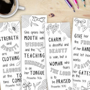 May include: Four black and white printable bookmarks with inspirational quotes from Proverbs. Each bookmark features a floral design and a bow.