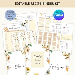 Könnte beinhalten: Editierbarer Rezeptordner-Set mit Bienen-Motiv. Enthält einen wöchentlichen Speiseplan, eine Einkaufsliste, Rezeptbuchseiten und Mess-Tabellen. Das Set ist druckfertig und kann in Canva bearbeitet werden.