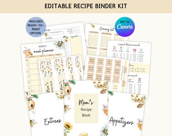 May include: Editable recipe binder kit with a bee theme. Includes a weekly meal planner, grocery list, recipe book pages, and measurement charts.  The kit is ready to print and can be edited in Canva.