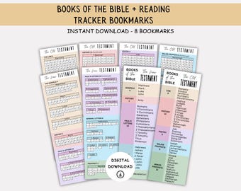 May include: Eight printable bookmarks with a pastel color scheme. Each bookmark features a grid for tracking the books of the Bible. The bookmarks are labeled with the Old and New Testaments and the categories of books within each testament. The text "BOOKS OF THE BIBLE + READING TRACKER BOOKMARKS" is at the top of the image. The text "INSTANT DOWNLOAD - 8 BOOKMARKS" is below the title.