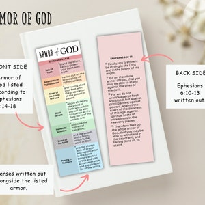 May include: A printable bookmark with a colorful illustration of the Armor of God, listing each piece of armor with a corresponding Bible verse from Ephesians 6:14-18. The back side of the bookmark features the full text of Ephesians 6:10-13.