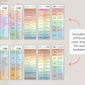 May include: Two sets of colorful bookmarks with different color schemes. Each set includes bookmarks with the names of the books of the Bible, names of God, the fruit of the spirit, and the armor of God.