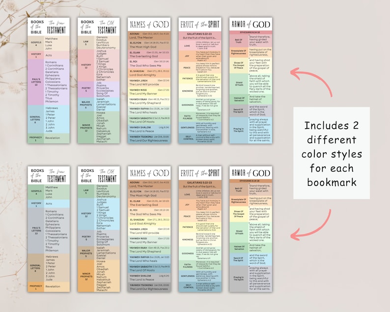 May include: Two sets of colorful bookmarks with different color schemes. Each set includes bookmarks with the names of the books of the Bible, names of God, the fruit of the spirit, and the armor of God.