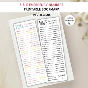 May include: Printable bookmark with two designs, each listing Bible emergency numbers. Words like "Afraid" and "Angry" are paired with relevant Bible verses. The text "Digital Download" is also visible.