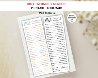 Könnte beinhalten: Druckbares Lesezeichen mit zwei Designs, die Bibel-Notfallnummern auflisten. Wörter wie "Angst" und "Wütend" sind mit entsprechenden Bibelversen versehen. Der Text "Digitaler Download" ist ebenfalls sichtbar.