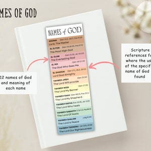 May include: A colorful chart listing 12 names of God in Hebrew and English, with their meanings and scripture references. The chart is titled "Names of God" and has a rainbow gradient background.