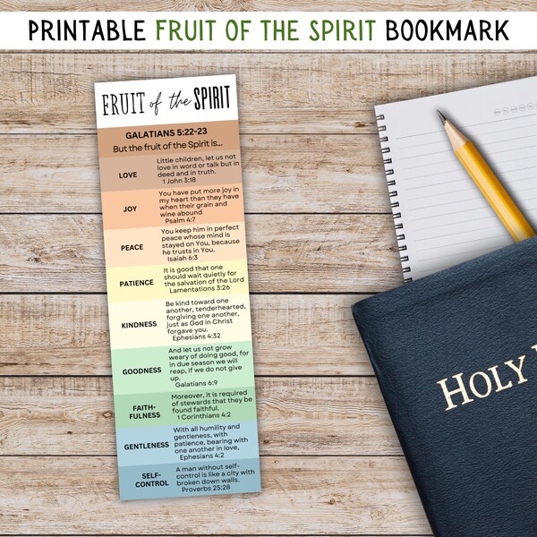 Fruit of the Spirit printable bookmarks, Galatians 5 22 23, Fruit of the Spirit print, Bible study Bookmarks, Sunday School teacher gift