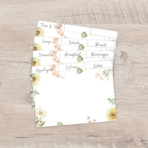 floral recipe box divider labels 4 x 6, recipe card divider tabs floral, 4x6 divider labels for recipe cards, dividers for wooden recipe box