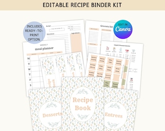 May include: Editable recipe binder kit with a floral pattern. Includes a weekly meal planner, recipe cards, grocery list, and liquid measurements.  Edit in Canva.