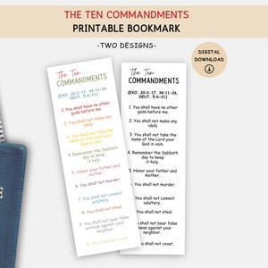 May include: Two printable bookmarks with the text "The Ten Commandments" in a serif font. The bookmarks list the commandments with corresponding Bible verses. The image also includes a blue Bible and a notepad.