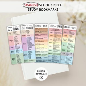 May include: Set of five Spanish Bible study bookmarks. Each bookmark features a different color scheme and includes text in Spanish. The bookmarks are arranged on top of a white book. The words "Spanish Set of 5 Bible Study Bookmarks" are at the top.