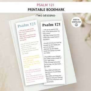 Puede incluir: Dos marcadores imprimibles con el texto del Salmo 121. Los marcadores son blancos con texto negro y un fondo azul claro y blanco. Las palabras "Salmo 121" y "Marcapáginas imprimible" están en la parte superior.