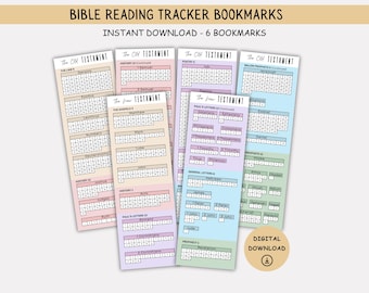 May include: Six printable bookmarks for tracking Bible reading. Each bookmark is color-coded and features a different section of the Bible, including The Old Testament, The Gospels, Paul's Letters, General Letters, Prophets, and Prophecy. The bookmarks are designed for easy use and organization.