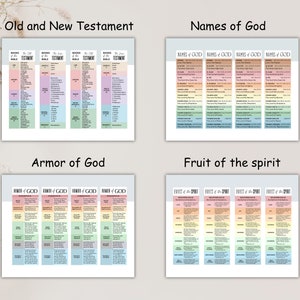 May include: Four colorful printable bookmarks with different Christian themes: Old and New Testament, Names of God, Armor of God, and Fruit of the Spirit. Each bookmark features a rainbow gradient and lists verses from the Bible.