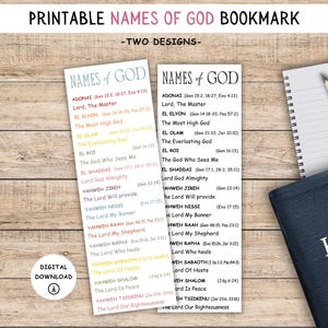 May include: Two printable bookmarks with the text "Names of God" in a vertical layout. The bookmarks list various names of God with their meanings and biblical references. A notebook, pencil, and a book with "HOLY" on the cover are also visible.