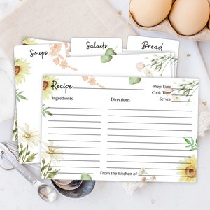 Floral recipe card 4x6, Recipe box dividers, Recipe card and dividers, Recipe card dividers 4x6, Recipe card set floral, Recipe card bundle