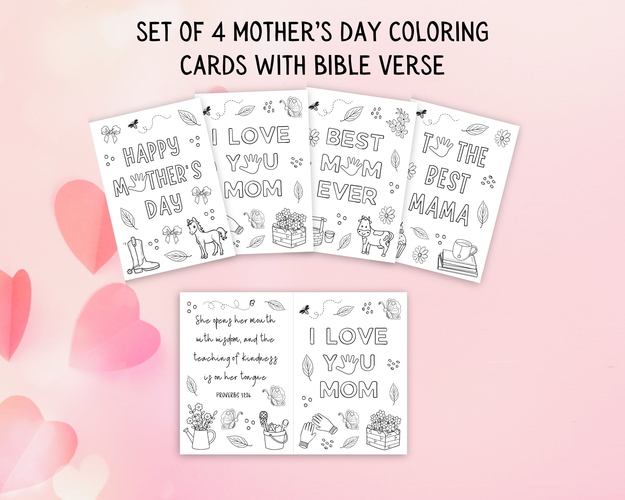 Mothers Day Scripture cards, Mothers Day Coloring Cards Printable, Printable Mothers day cards Color In, Sunday School Mothers Day Craft,