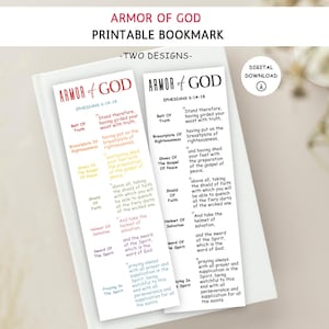 May include: Two printable bookmarks with the text "Armor of God" and Bible verses. The bookmarks are white with red and black text. The design includes the words "Belt of Truth," "Breastplate of Righteousness," and "Shoes of the Gospel of Peace."